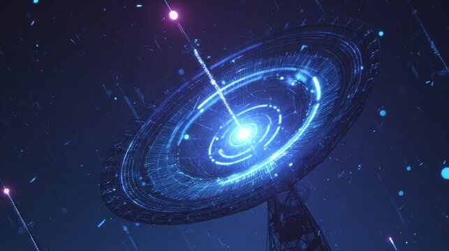 Mysterious Glowing Radar Dish Detecting Alien Signals in Night Sky with Futuristic Symbols and Graphics