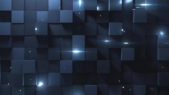 Dark grid of raised cubes with soft glowing highlights in sleek minimal style on a deep background, showing modern tech concept