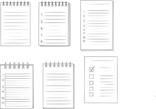 A collection of hand-drawn style notebooks and checklists featuring lined paper, numbered lists, and checkboxes for organization, planning, and note-taking tasks on a clean white background