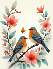 Fototapeta premium Two robins perched on a branch with pink flowers and green leaves. A small orange butterfly flies nearby. Watercolor art depicts a spring nature scene with delicate botanical elements.