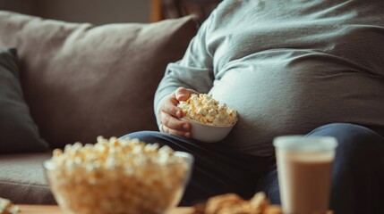 Obraz premium Man Sitting on Sofa Watching Television with Bowl of Popcorn and Visible Belly Fat in Cozy Living Room Setting