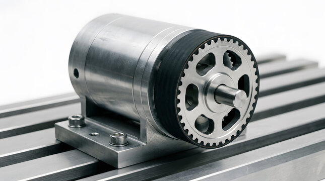 Industrial Electric Motor with Toothed Timing Belt Pulley on Test Bench