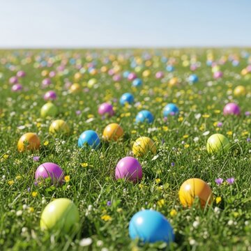 Many colorful easter eggs hidden in lush green meadow under clear blue sky for traditional outdoor spring egg hunt event.