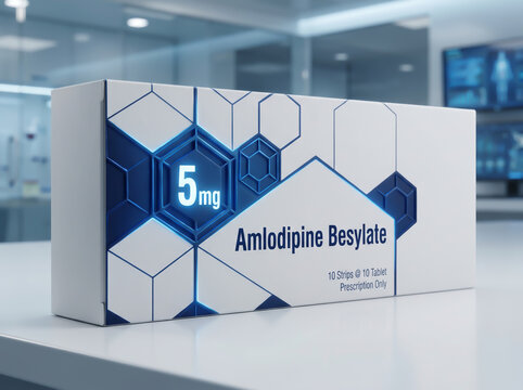 Amlodipine Besylate 5mg medication box in a modern medical setting