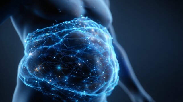 Detailed Illustration of Visceral Fat Overlay on Human Abdomen in a Futuristic Style