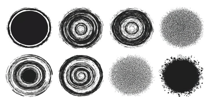 Set of black ink grunge circles and spiral brush strokes for design elements