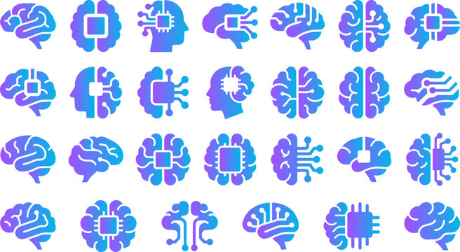 Set of colorful brain and chip icons representing artificial intelligence and technology concepts.