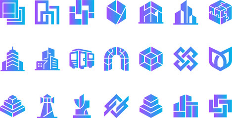Fototapeta premium Modern architectural building icons set featuring skyscrapers commercial centers and abstract geometric structures.