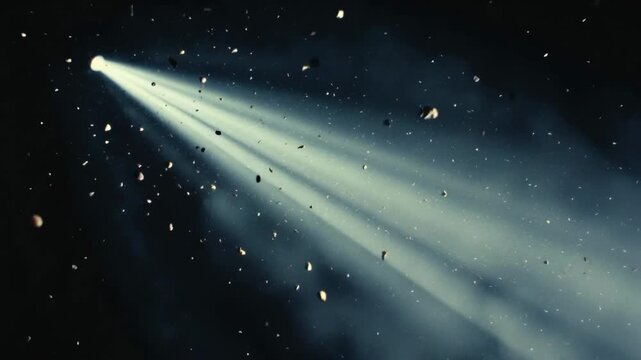 Cosmic scene with bright beams shining through floating space rocks in a dark void, cinematic style on deep space background, concept of exploration