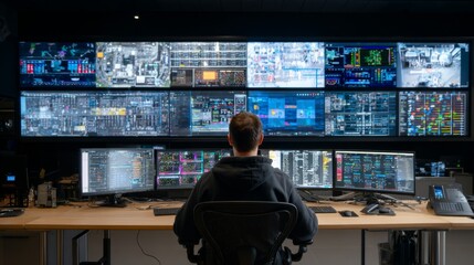 Fototapeta premium Analyst Monitoring Digital Data on Multiple Giant Screens in a Modern Control Room Environment