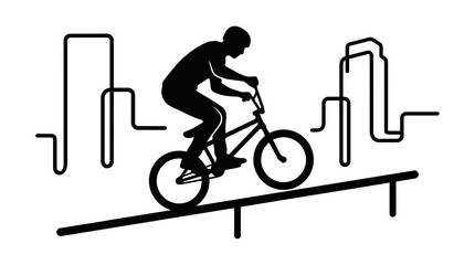 Fototapeta premium BMX rider silhouette performing trick on urban skyline background, extreme sports