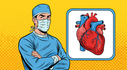 A surgeon in scrubs and mask stands confidently with arms crossed next to a vector illustration of a human heart © Purnomo