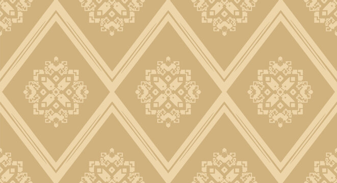 Elegant beige vintage style wallpaper with repeating ornate floral diamond motifs arranged in geometric layout for classic interior decor and luxury surface.
