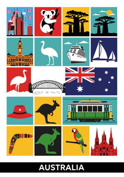 Vibrant Australia icons vector illustration showcasing famous landmarks, native wildlife, and cultural symbols in a modern, engaging graphic design