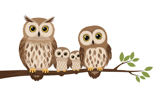 Charming illustration of an owl family consisting of two large parents and two small chicks perched on a green leafy branch.