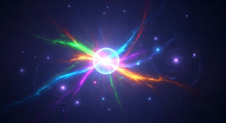 Obraz premium Abstract cosmic explosion with colorful light rays radiating from central energy sphere in deep space.