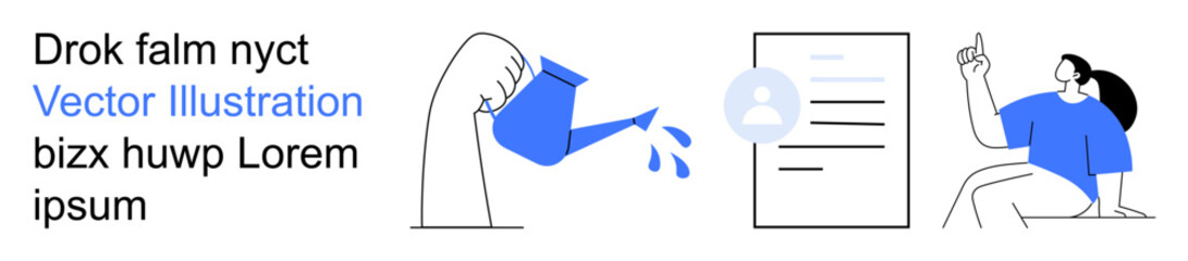 Education, growth, communication, professional development, connection, knowledge sharing. A hand watering a document and a person pointing. Education and growth concept