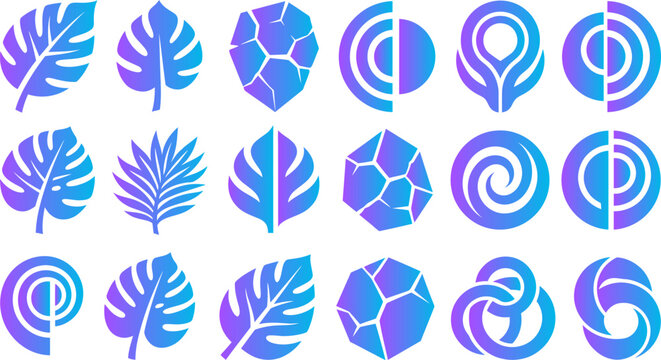 Abstract geometric and nature inspired icons gradient blue purple.