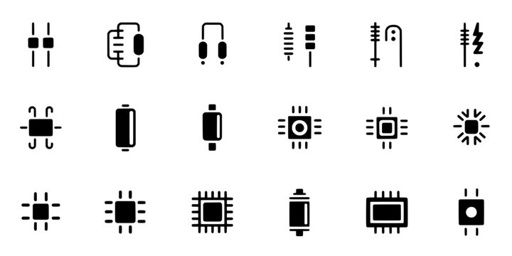 Electronic components set with various circuit elements and symbols featuring resistors, capacitors, diodes with transistors and integrated circuits