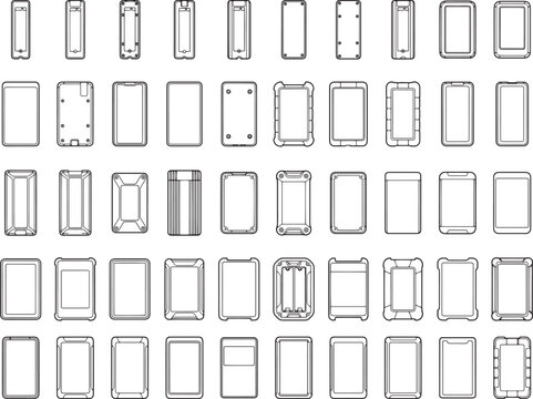 A collection of diverse smartphone frames and templates showcase various designs, shapes, and sizes, offering a comprehensive visual guide for mobile device interface creation.