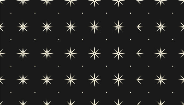 Starry night sky pattern featuring minimalist white stars and dots on black background creates a celestial space theme for holiday and festive decorations.