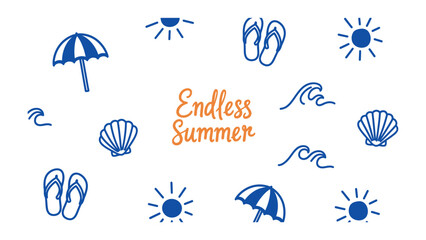 Endless Summer Vacation Icons: A collection of hand-drawn doodle icons depicting summer elements like umbrellas, suns, waves, seashells, and flip-flops. © Maira