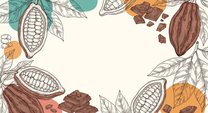 Decorative frame design featuring hand drawn illustrations of cocoa pods beans and broken chocolate pieces on a light cream background.