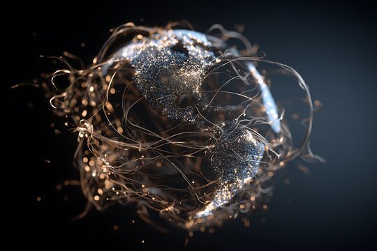 Abstract digital globe entangled in glowing organic fibers and particles representing a complex global network and connectivity.