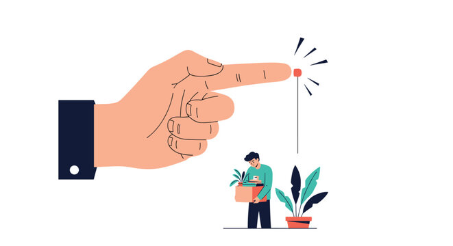 Giant hand points an accusing finger at a small man carrying a box of personal belongings representing job loss and firing process.