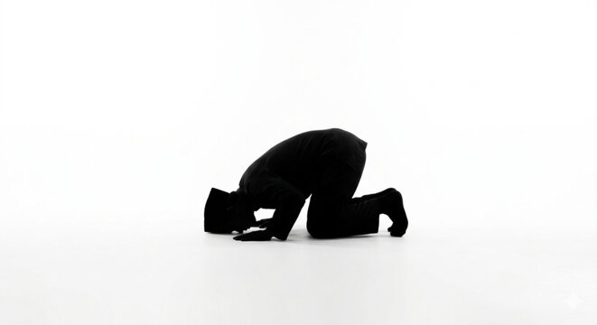 Muslim man in prostration sujud position side view silhouette isolated on white background