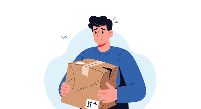 Worried man looks distressed while holding a crushed and damaged cardboard delivery box representing shipping issues and poor service.