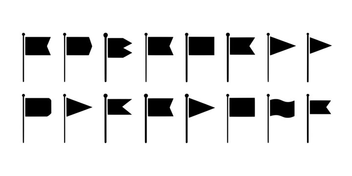 Flags set with various shapes and styles on poles featuring black, white, design with icons and symbols elements for communication, nautical