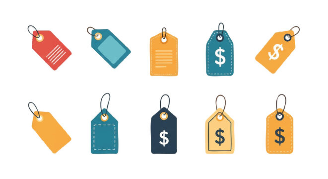 Colorful hanging retail sale labels with dollar symbol pattern