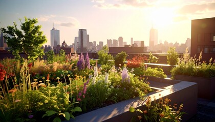 Fototapeta premium Lush rooftop garden with cityscape view at sunset, a tranquil urban oasis.
