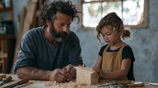 Stepfather kneeling beside a young girl assembling a wooden birdhouse on a garage workbench, sawdust on their hands, tools laid out carefully, afternoon sunlight filtering through a dusty window, qu
