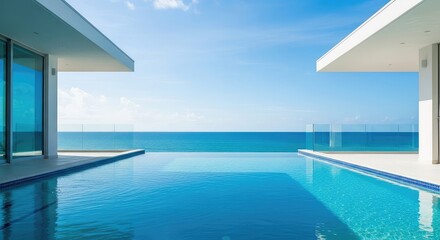Fototapeta premium A modern luxury villa features a crystal clear infinity pool that merges seamlessly with the vast blue horizon of the calm tropical ocean, panoramic, holiday, turquoise