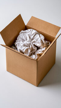Open cardboard shipping box filled with protective bubble wrap on table in soft natural light.