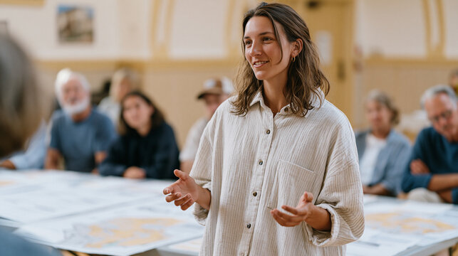 Community marketing coordinator leading a neighborhood association meeting inside a local community hall, presenting a hyperlocal business promotion strategy to engaged attendees, printed district m
