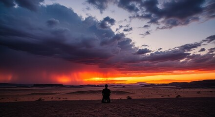 Obraz premium A solitary kneeling silhouette under heavy storm clouds in a vast arid desert landscape during a dramatic sunset with cinematic lighting, clouds, storm, light