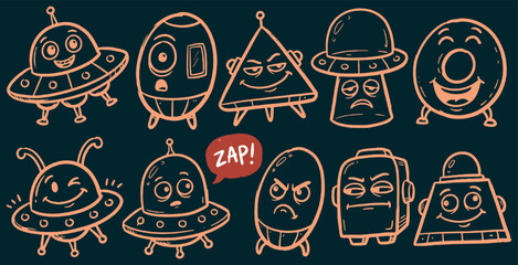 A collection of cute and quirky cartoon aliens and UFOs with various expressions and emotions, hand-drawn style. © Riki
