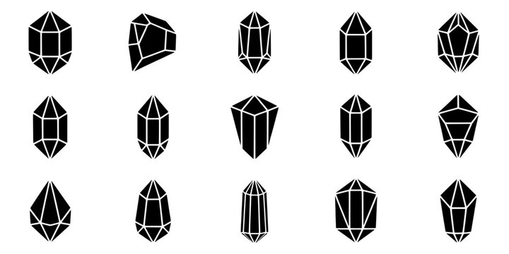 Gem icon set with geometric faceted black outline shapes for logo, UI badges, and decorative vector graphics