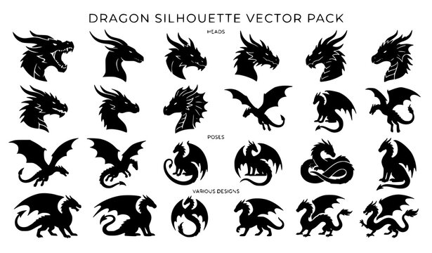 Fantasy dragon head and body silhouette variation set mythical creature vector icon collection isolated on white background