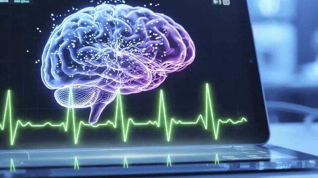 4K Animated Brain Scan EKG Heartbeat Data Medical Science Business Presentation Stock Video