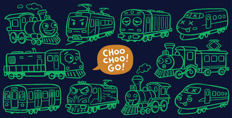 Collection of cute cartoon trains with different expressions and styles, on a dark blue background. © Riki