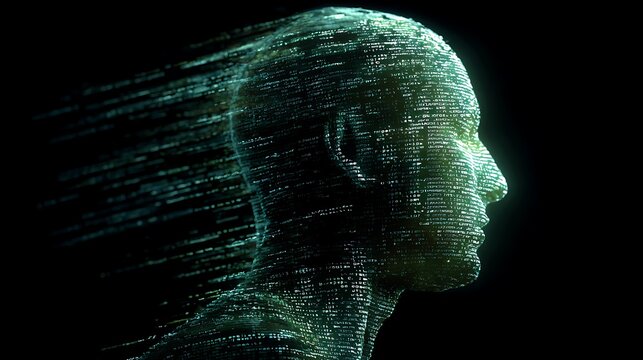 A futuristic digital illustration of a human head made of code moving fast.