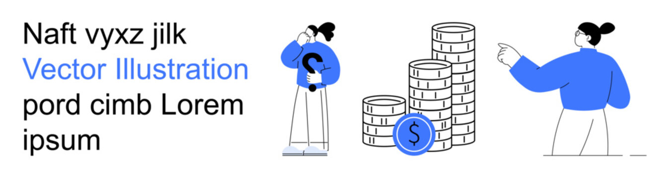Financial planning, economic analysis, savings management, business strategy, investment growth, wealth building. Female figures with coin stacks and currency symbol. Financial planning and economic
