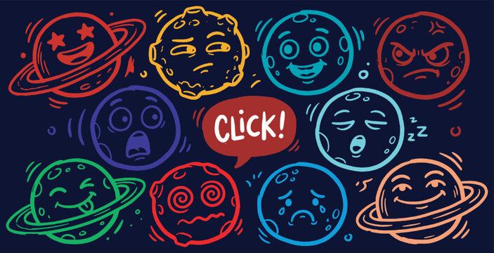 Collection of cartoon planets with different facial expressions and emotions, set against a dark background.