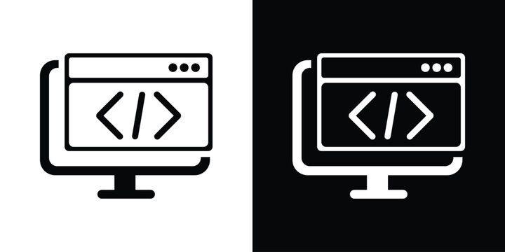 Laptop displaying a web browser window icon with coding symbols inside. Symbolizes web development, software engineering, frontend programming, UI design, and internet technologies.