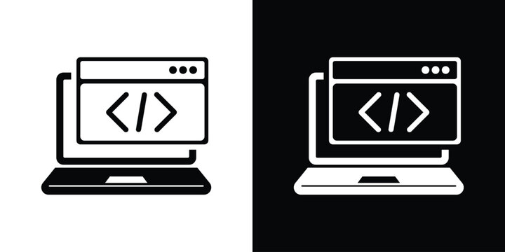 Laptop displaying a web browser window icon with coding symbols inside. Symbolizes web development, software engineering, frontend programming, UI design, and internet technologies.