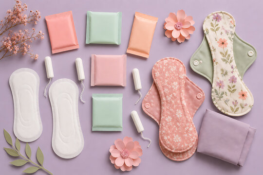 Flat lay of various feminine intimate care items including sanitary pads tampons and reusable cloth liners for menstrual hygiene day on a lovely purple background